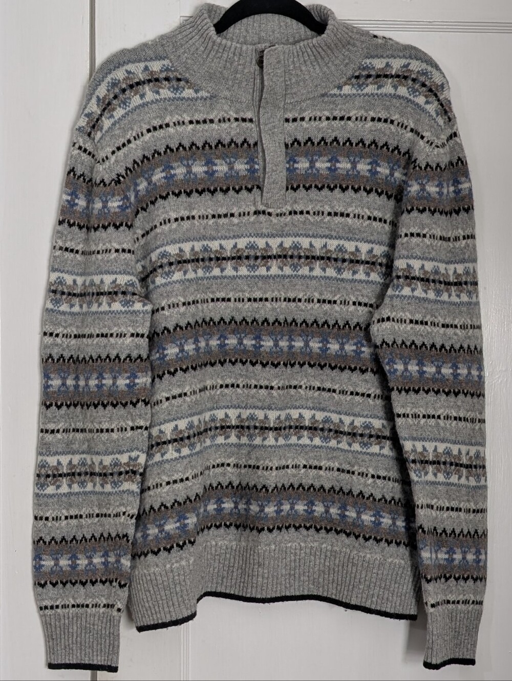 Aspen Quarter Zip Sweater Mens XL Grey Fair Isle Merino Wool Blend Pullover